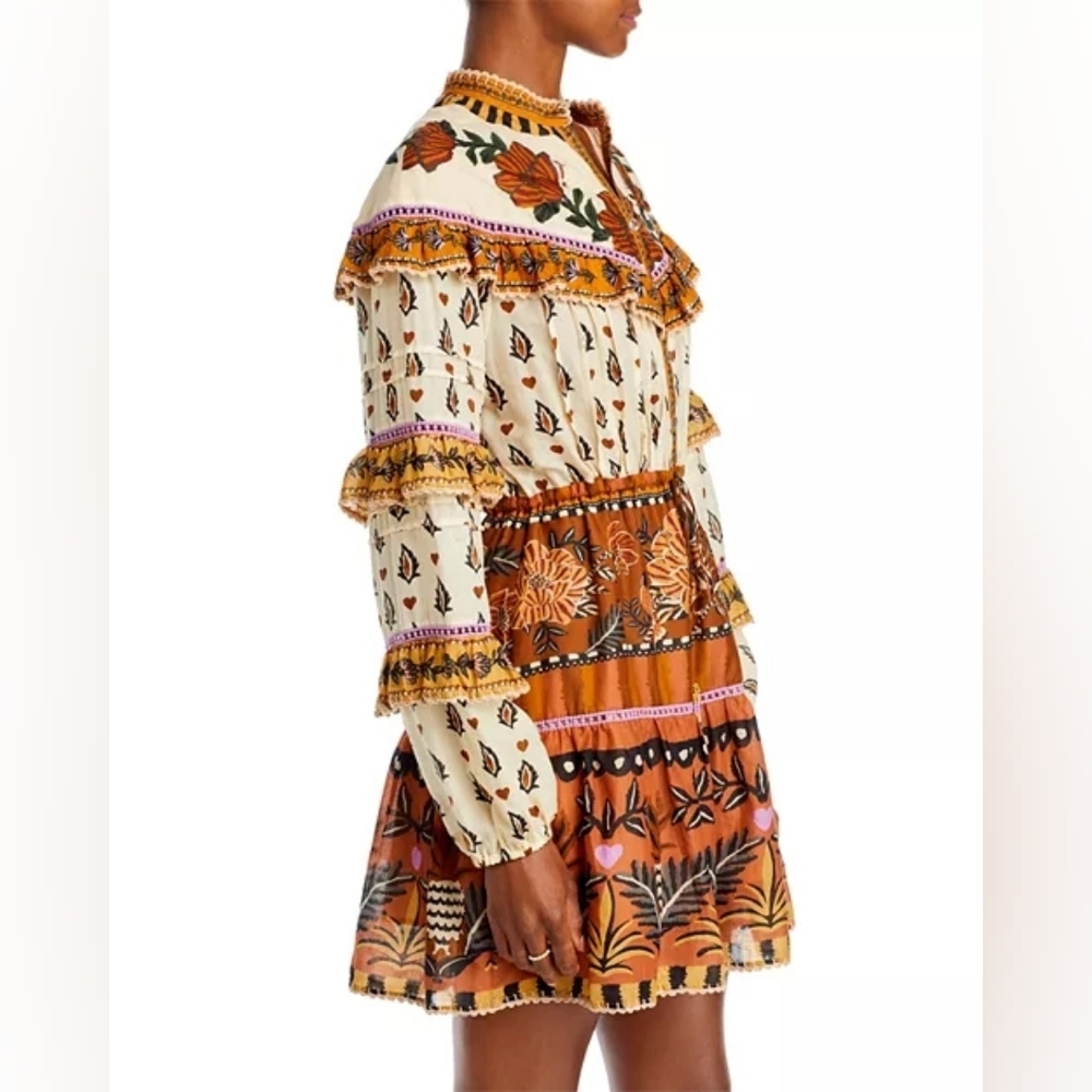 FARM Rio AINIKA Floral Beige Ruffled Long Sleeve MINI Dress - Picture 4 of 6